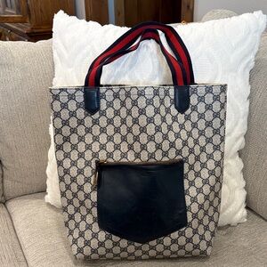 Gucci Vintage Navy Monogram Tote With Blue and Red Striped Handles- incl COA